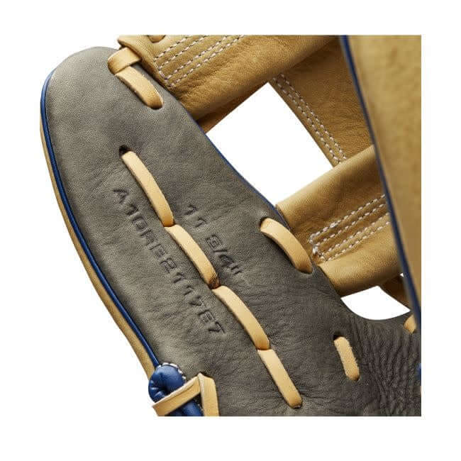Wilson A1000 1787 11.75-inch glove in grey, royal blue, and white with Blonde H-Web for shortstops and third basemen.
