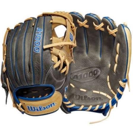 Wilson A1000 1787 11.75-inch glove in grey, royal blue, and white with Blonde H-Web for shortstops and third basemen.