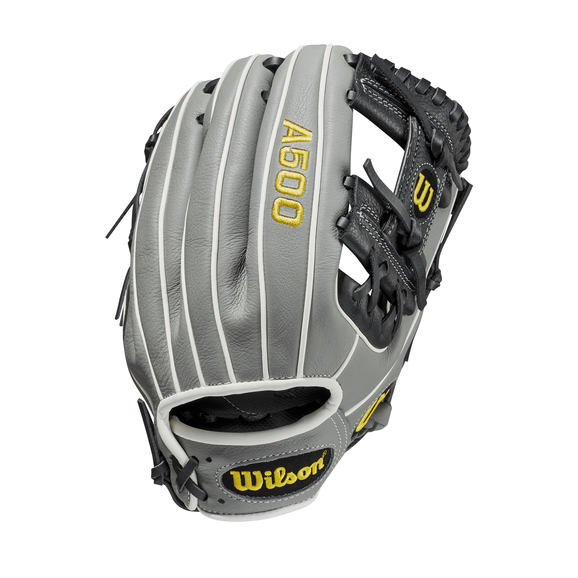Wilson A500 11-inch baseball glove, black/grey/white, with H-Web design and smaller hand opening