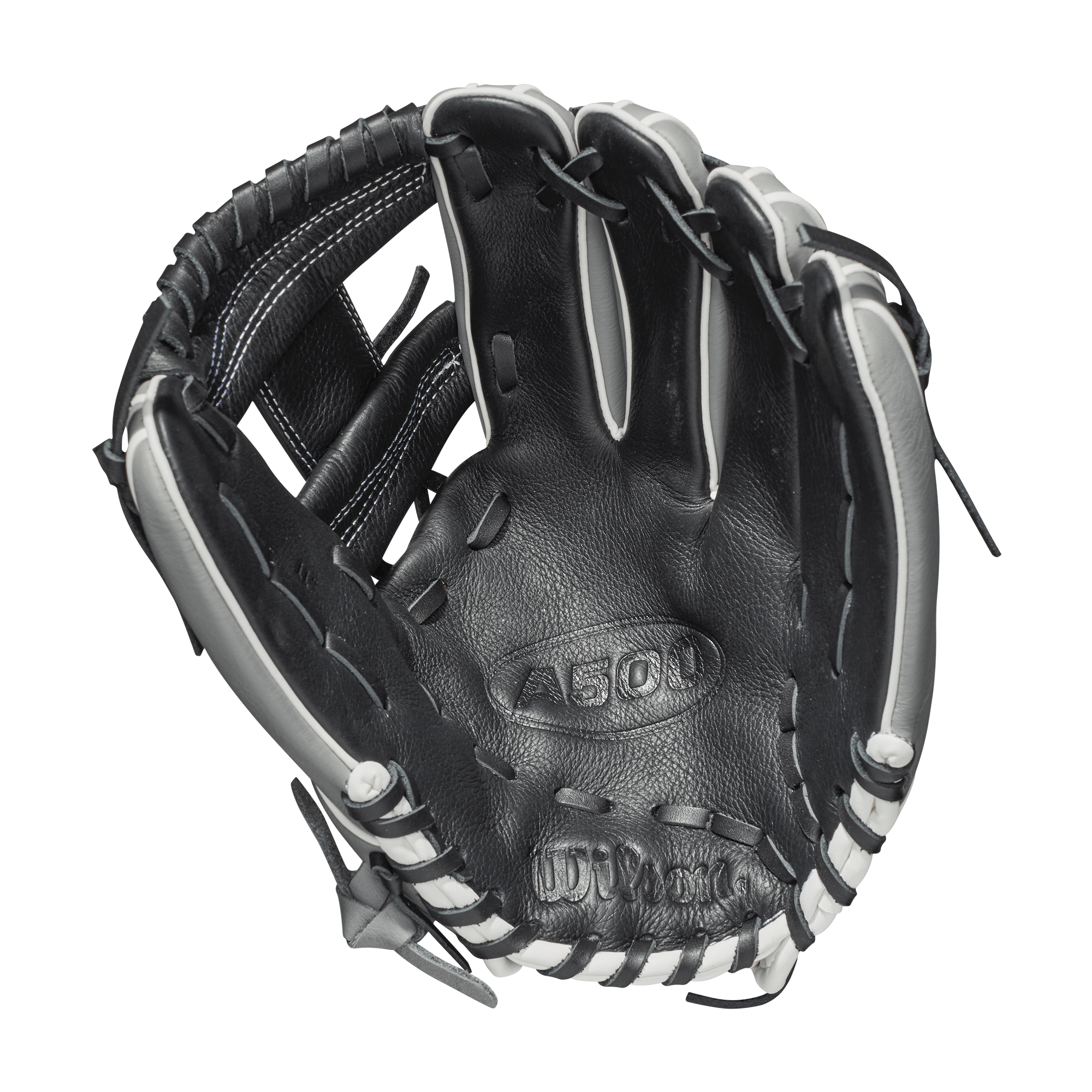 Wilson A500 11-inch baseball glove, black/grey/white, with H-Web design and smaller hand opening