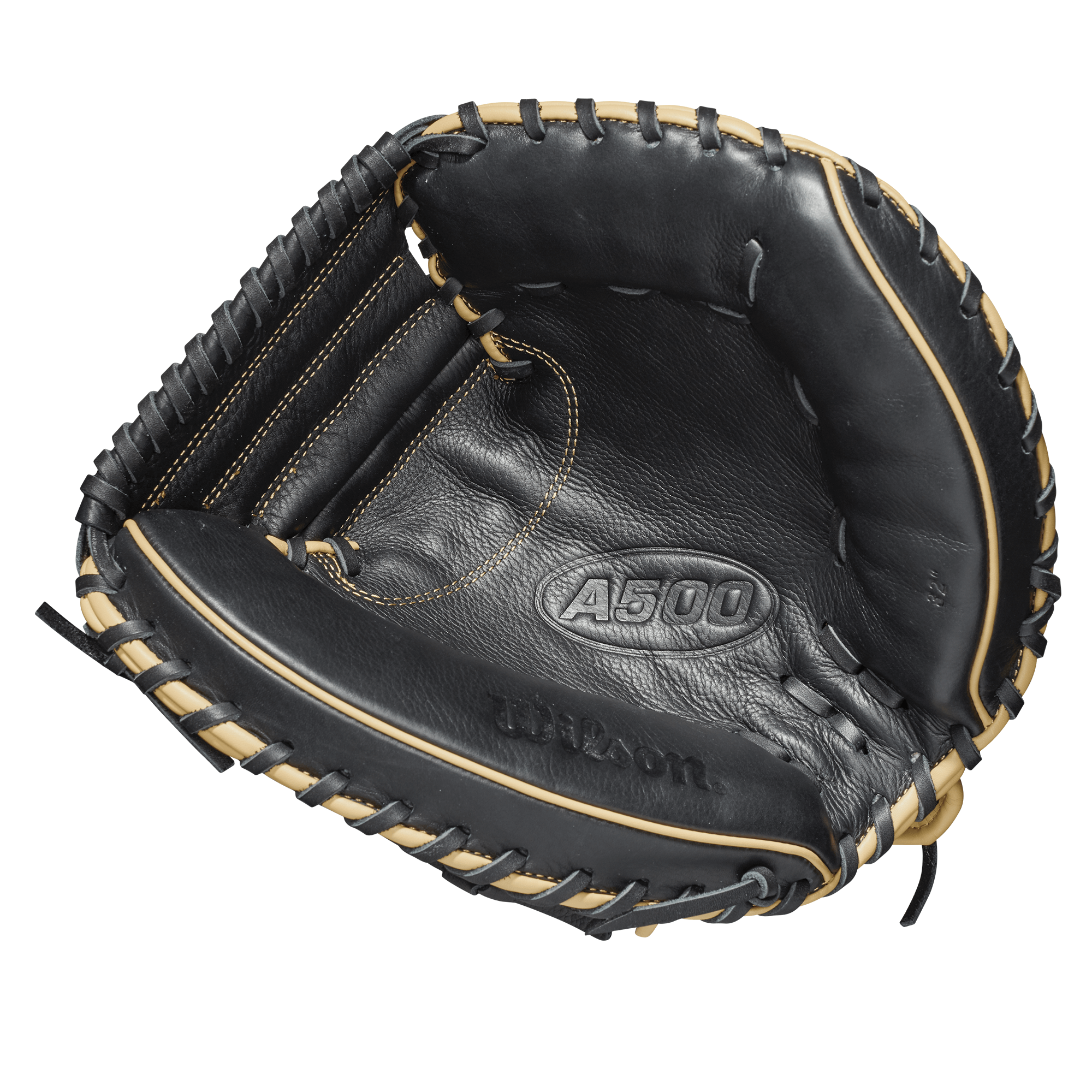 Wilson A500 32-inch black/blonde catcher's mitt for young players.