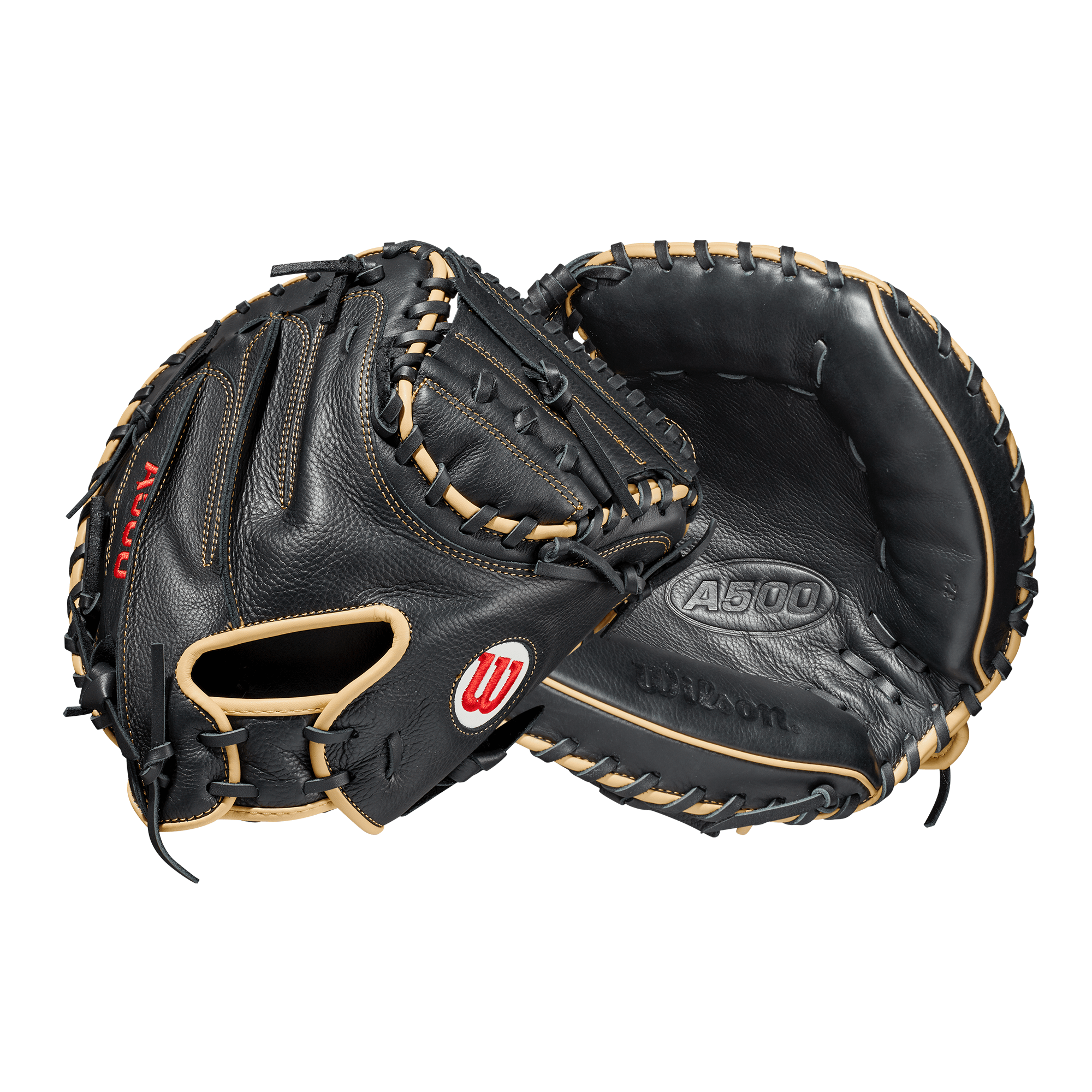 Wilson A500 32-inch black/blonde catcher's mitt for young players.