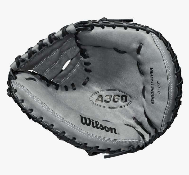 Black and white Wilson A360 31.5 catcher’s mitt with CarbonLite Shell for youth players