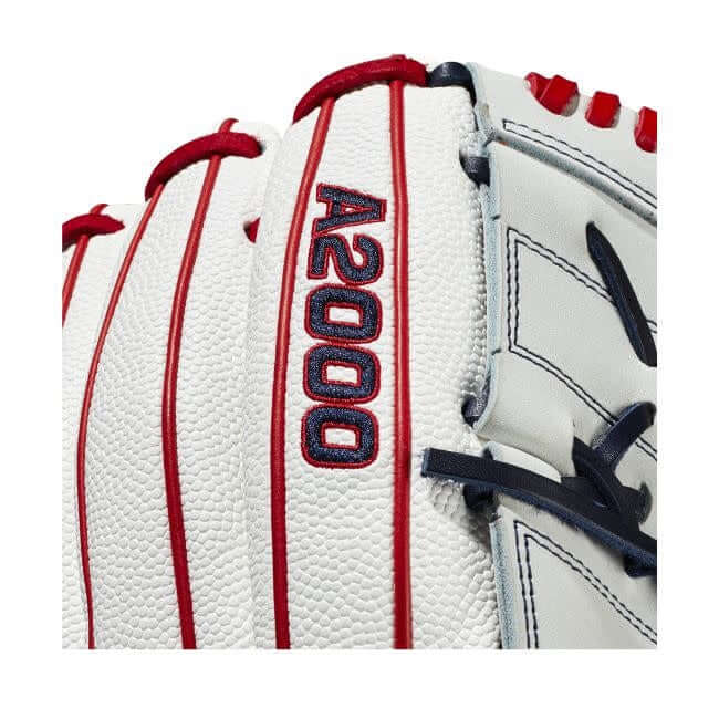 Wilson A2000 MA14 Monica Abbott 12.25-inch pitcher's glove with white SuperSkin and red/white Pro Stock Leather.