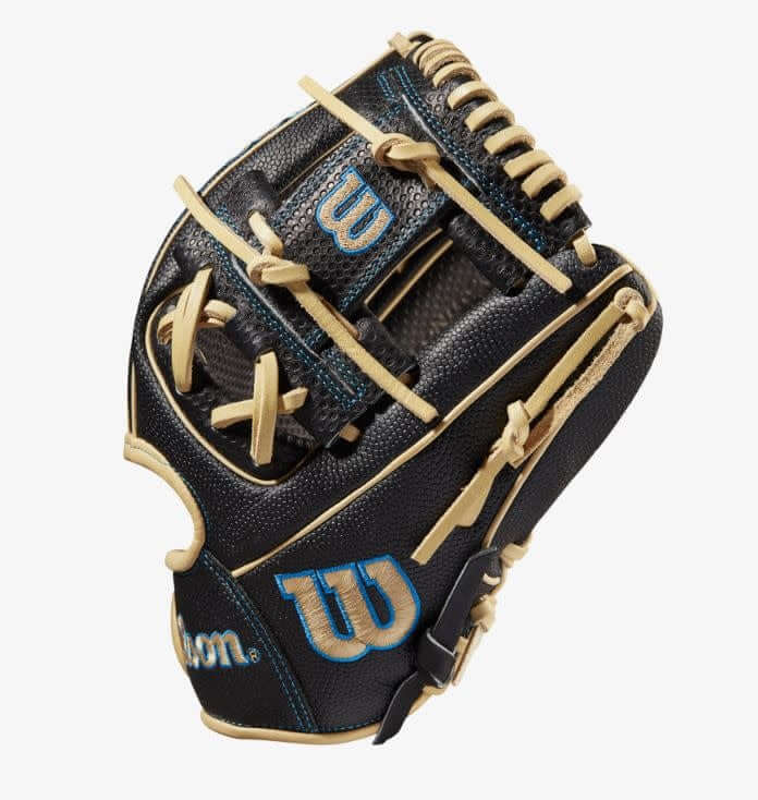 Wilson A2000 Pedroia Fit DP15 glove with Spin Control Technology and H-Web, 11.5 inches, black and blonde color