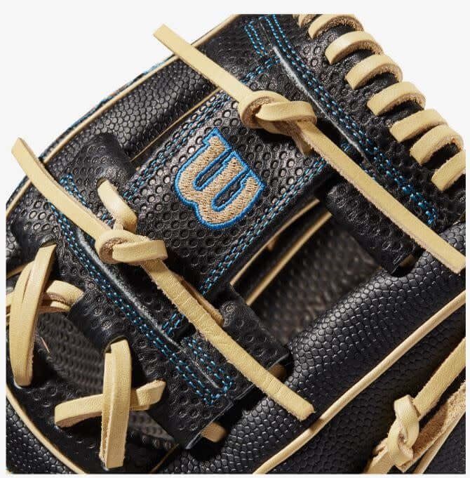 Wilson A2000 Pedroia Fit DP15 glove with Spin Control Technology and H-Web, 11.5 inches, black and blonde color