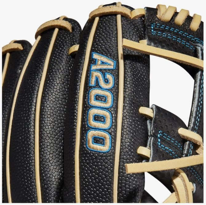 Wilson A2000 Pedroia Fit DP15 glove with Spin Control Technology and H-Web, 11.5 inches, black and blonde color
