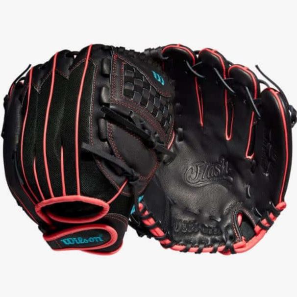Wilson Flash 11.5-inch Fastpitch Infield Glove, Black/Pink/Tropical Blue, for Left-Hand Throw