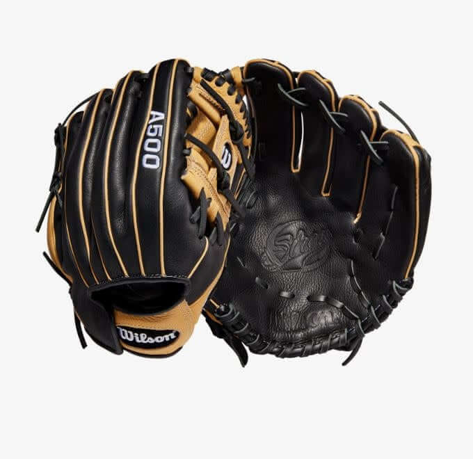 Wilson A500 Siren 11.5 inch baseball glove in black, blonde, and white colors