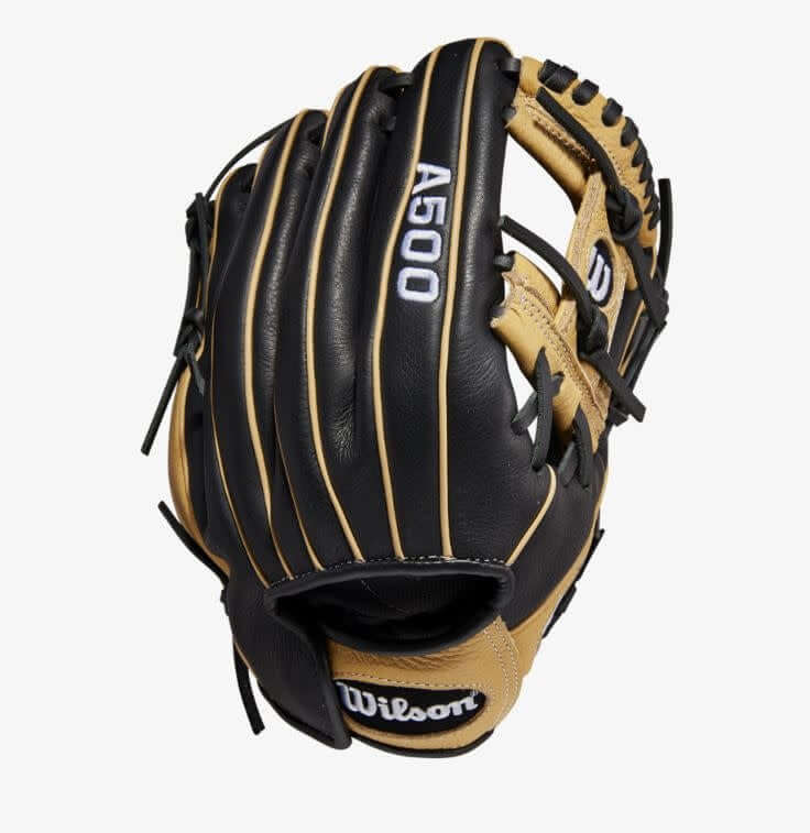 Wilson A500 Siren 11.5 inch baseball glove in black, blonde, and white colors