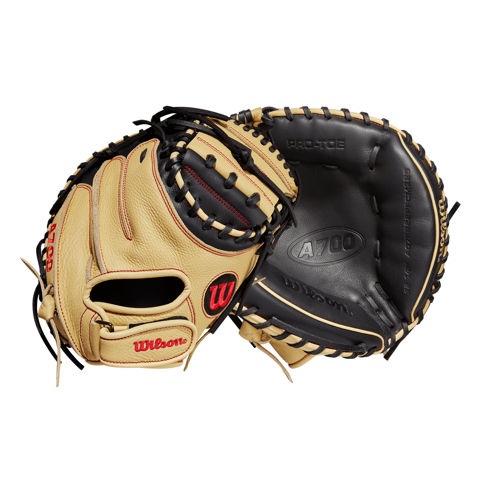 Wilson A700 32.5” Catcher’s Mitt in Black/Blonde/Red with Half Moon Web