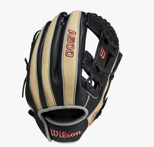 Wilson A500 11.5-inch Youth Baseball Glove in Black/Blonde/Red, durable leather with Quick Fit Wrist.