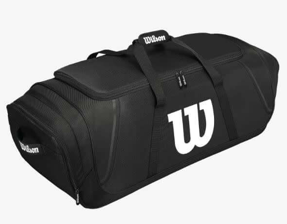 Wilson Equipment Bag Black large main compartment fits helmets, gloves, cleats, and catcher's gear.