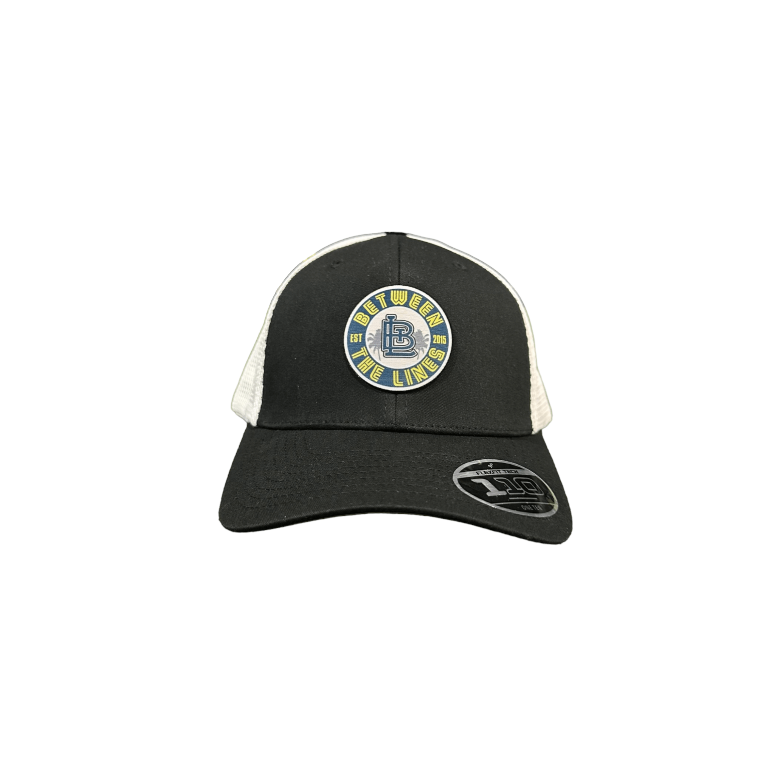 Black and white trucker hat with palm badge, 74% polyester, 26% cotton.